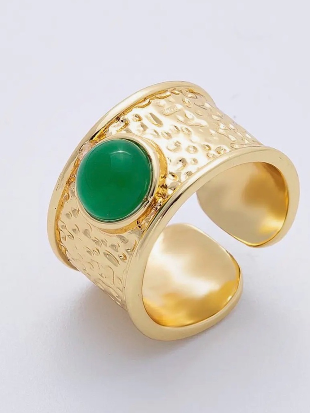 16K Gold Filled Red, Green Cabochon Gemstone Hammered Wide Band Ring - Picture 3 of 7
